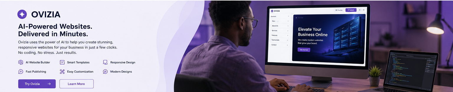 Ovizia AI website builder scene on a desktop workstation